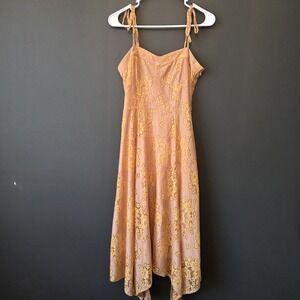Sugar+Lips Rhiannon Lace Midi Dress XS Beige‎ Yellow Floral Bustier Boho Fairy